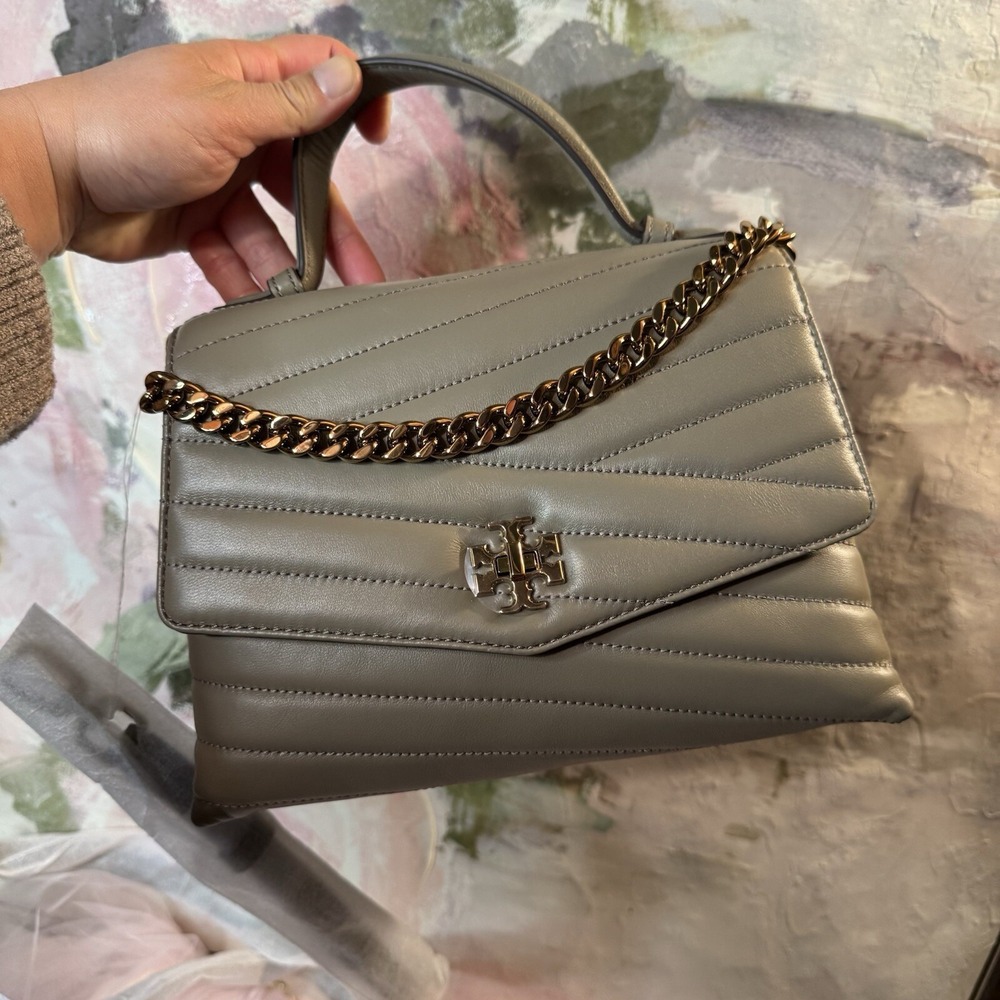 Tory Burch Kira Chevron Top-Handle‎ Satchel Crossbody Bag Leather Grey Quilted